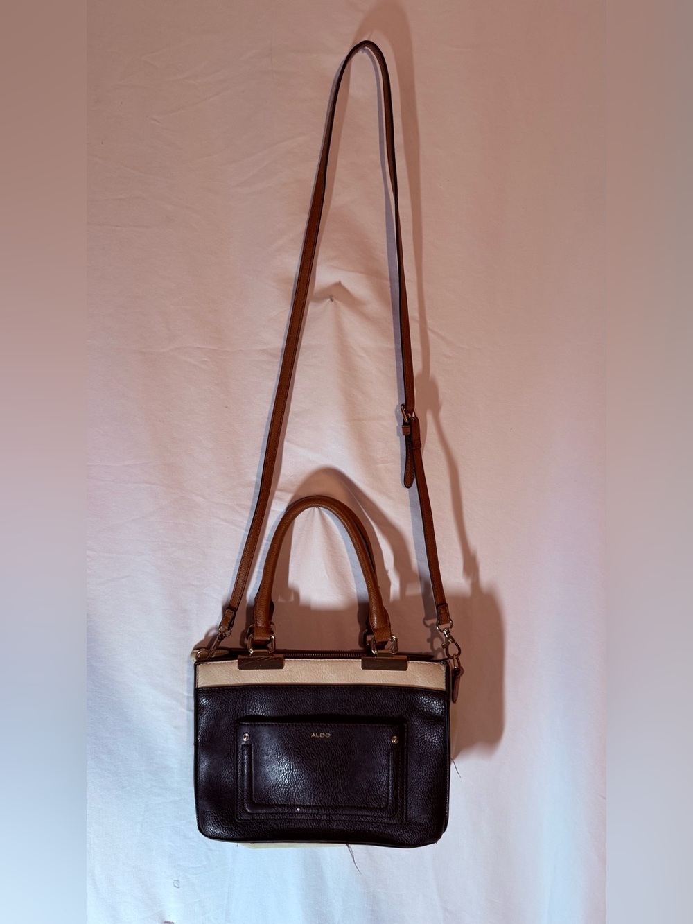 ALDO Colorblock Satchel Crossbody Bag Black Brown Cream Gold Hardware Purse